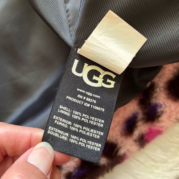 UGG Mandy Leopard Faux Fur Coat Jacket Hooded Pink Womens Size Medium - Picture 10 of 10